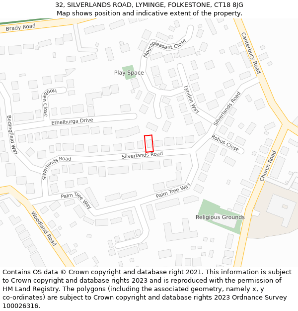 32, SILVERLANDS ROAD, LYMINGE, FOLKESTONE, CT18 8JG: Location map and indicative extent of plot