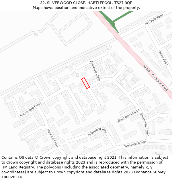 32, SILVERWOOD CLOSE, HARTLEPOOL, TS27 3QF: Location map and indicative extent of plot