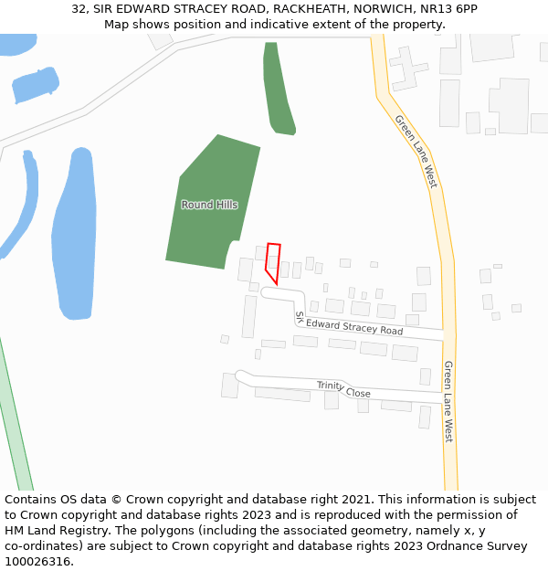 32, SIR EDWARD STRACEY ROAD, RACKHEATH, NORWICH, NR13 6PP: Location map and indicative extent of plot