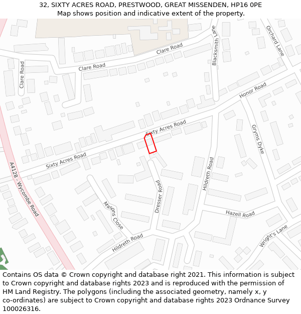 32, SIXTY ACRES ROAD, PRESTWOOD, GREAT MISSENDEN, HP16 0PE: Location map and indicative extent of plot