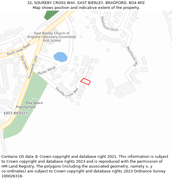 32, SOUREBY CROSS WAY, EAST BIERLEY, BRADFORD, BD4 6PZ: Location map and indicative extent of plot