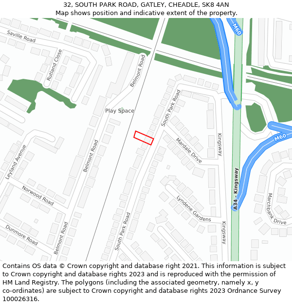 32, SOUTH PARK ROAD, GATLEY, CHEADLE, SK8 4AN: Location map and indicative extent of plot