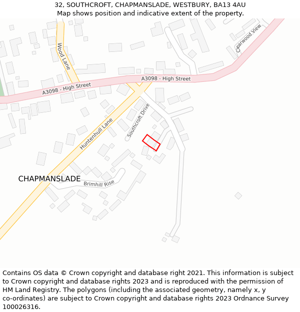 32, SOUTHCROFT, CHAPMANSLADE, WESTBURY, BA13 4AU: Location map and indicative extent of plot