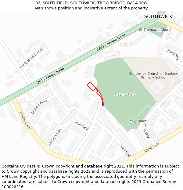 32, SOUTHFIELD, SOUTHWICK, TROWBRIDGE, BA14 9PW: Location map and indicative extent of plot