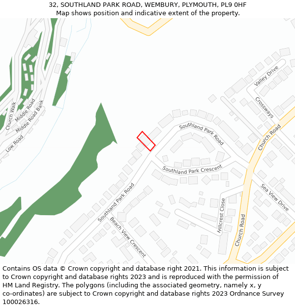 32, SOUTHLAND PARK ROAD, WEMBURY, PLYMOUTH, PL9 0HF: Location map and indicative extent of plot