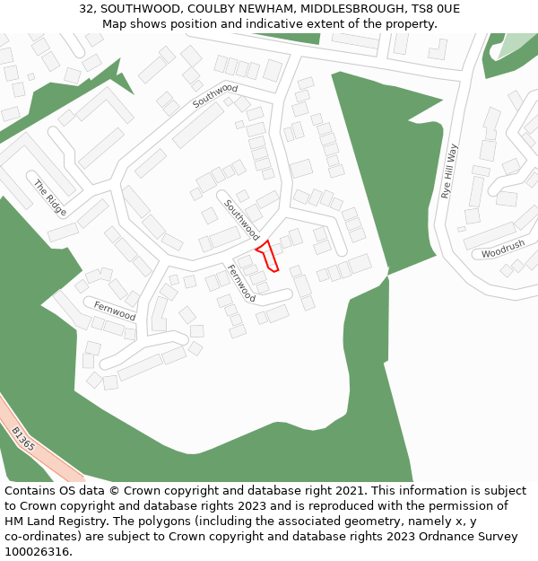 32, SOUTHWOOD, COULBY NEWHAM, MIDDLESBROUGH, TS8 0UE: Location map and indicative extent of plot