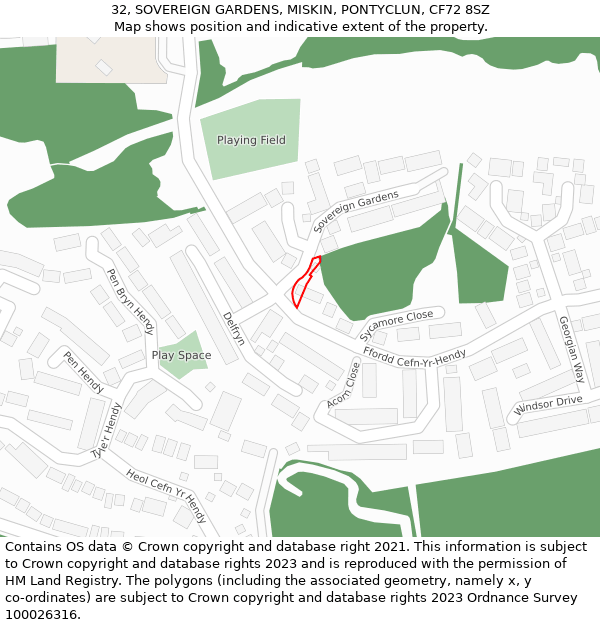 32, SOVEREIGN GARDENS, MISKIN, PONTYCLUN, CF72 8SZ: Location map and indicative extent of plot