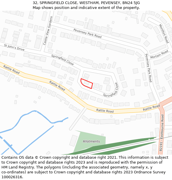 32, SPRINGFIELD CLOSE, WESTHAM, PEVENSEY, BN24 5JG: Location map and indicative extent of plot