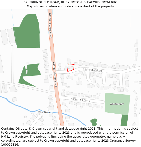 32, SPRINGFIELD ROAD, RUSKINGTON, SLEAFORD, NG34 9HG: Location map and indicative extent of plot