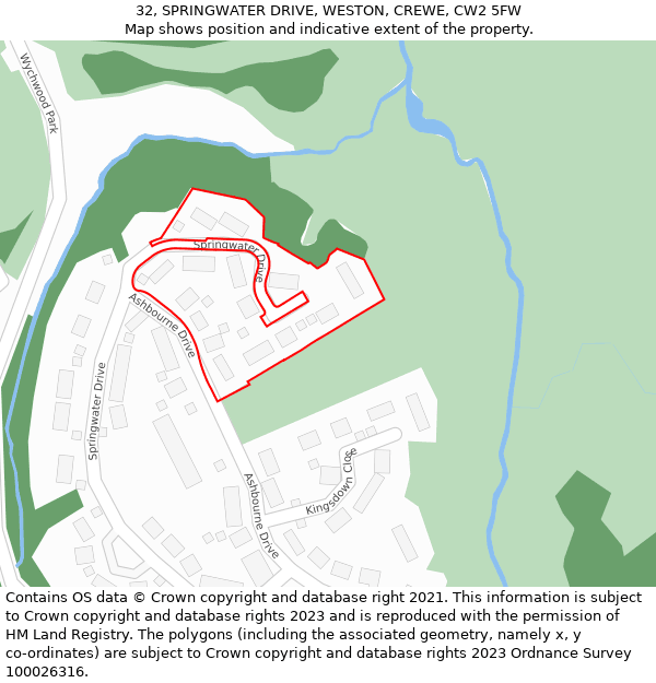 32, SPRINGWATER DRIVE, WESTON, CREWE, CW2 5FW: Location map and indicative extent of plot