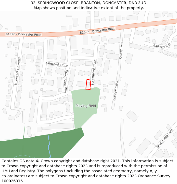 32, SPRINGWOOD CLOSE, BRANTON, DONCASTER, DN3 3UD: Location map and indicative extent of plot