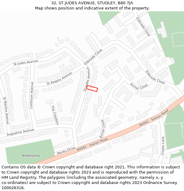 32, ST JUDES AVENUE, STUDLEY, B80 7JA: Location map and indicative extent of plot