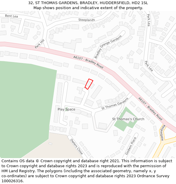 32, ST THOMAS GARDENS, BRADLEY, HUDDERSFIELD, HD2 1SL: Location map and indicative extent of plot