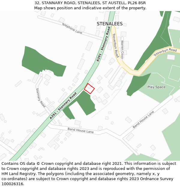 32, STANNARY ROAD, STENALEES, ST AUSTELL, PL26 8SR: Location map and indicative extent of plot