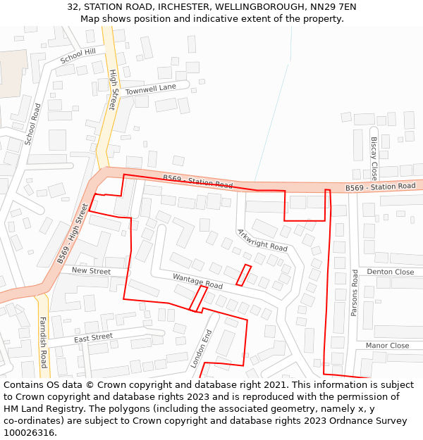 32, STATION ROAD, IRCHESTER, WELLINGBOROUGH, NN29 7EN: Location map and indicative extent of plot