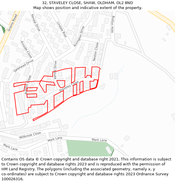 32, STAVELEY CLOSE, SHAW, OLDHAM, OL2 8ND: Location map and indicative extent of plot