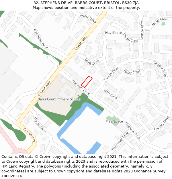 32, STEPHENS DRIVE, BARRS COURT, BRISTOL, BS30 7JA: Location map and indicative extent of plot