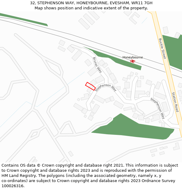 32, STEPHENSON WAY, HONEYBOURNE, EVESHAM, WR11 7GH: Location map and indicative extent of plot