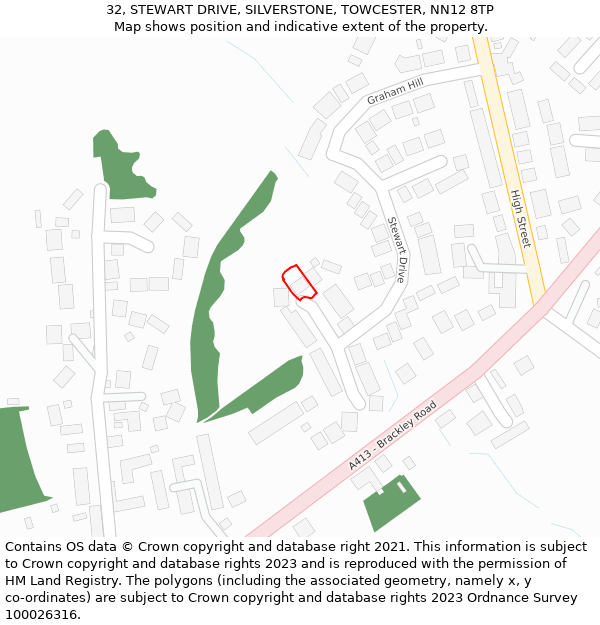 32, STEWART DRIVE, SILVERSTONE, TOWCESTER, NN12 8TP: Location map and indicative extent of plot