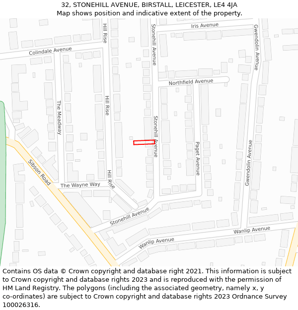 32, STONEHILL AVENUE, BIRSTALL, LEICESTER, LE4 4JA: Location map and indicative extent of plot