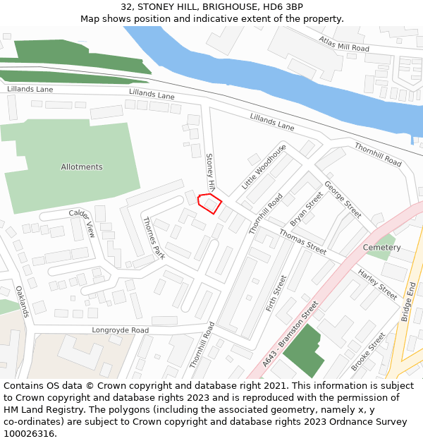 32, STONEY HILL, BRIGHOUSE, HD6 3BP: Location map and indicative extent of plot