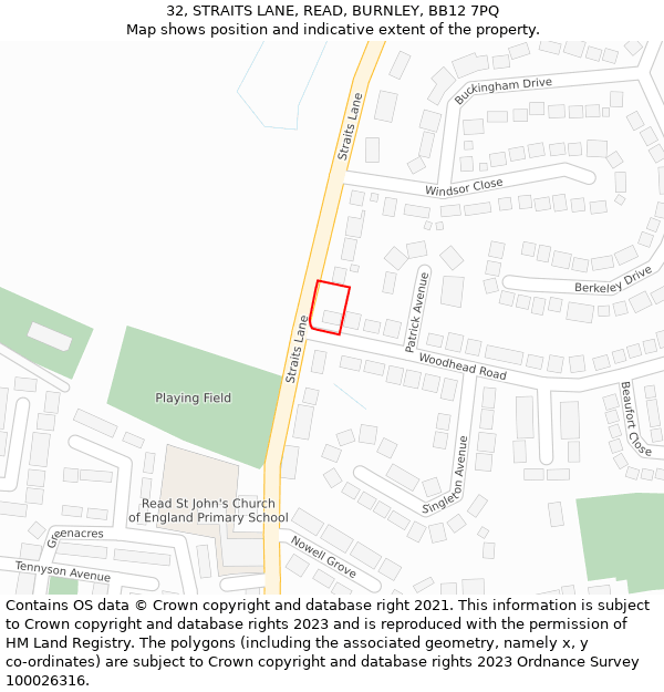 32, STRAITS LANE, READ, BURNLEY, BB12 7PQ: Location map and indicative extent of plot