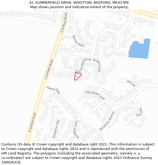 32, SUMMERFIELD DRIVE, WOOTTON, BEDFORD, MK43 9FE: Location map and indicative extent of plot