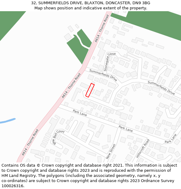 32, SUMMERFIELDS DRIVE, BLAXTON, DONCASTER, DN9 3BG: Location map and indicative extent of plot