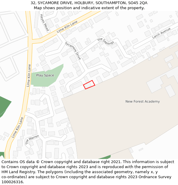 32, SYCAMORE DRIVE, HOLBURY, SOUTHAMPTON, SO45 2QA: Location map and indicative extent of plot