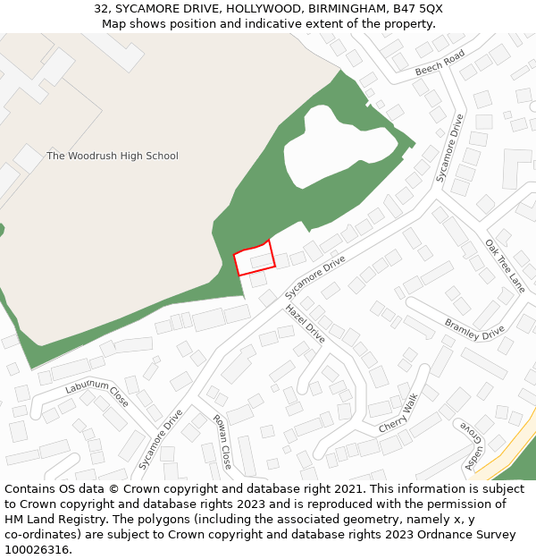 32, SYCAMORE DRIVE, HOLLYWOOD, BIRMINGHAM, B47 5QX: Location map and indicative extent of plot