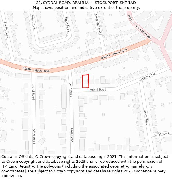 32, SYDDAL ROAD, BRAMHALL, STOCKPORT, SK7 1AD: Location map and indicative extent of plot