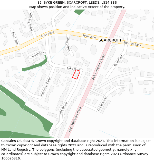 32, SYKE GREEN, SCARCROFT, LEEDS, LS14 3BS: Location map and indicative extent of plot