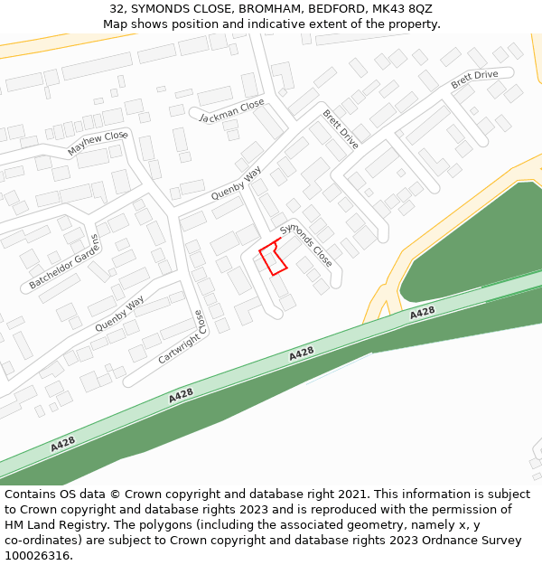 32, SYMONDS CLOSE, BROMHAM, BEDFORD, MK43 8QZ: Location map and indicative extent of plot