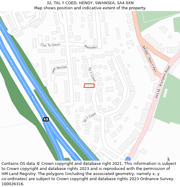 32, TAL Y COED, HENDY, SWANSEA, SA4 0XN: Location map and indicative extent of plot