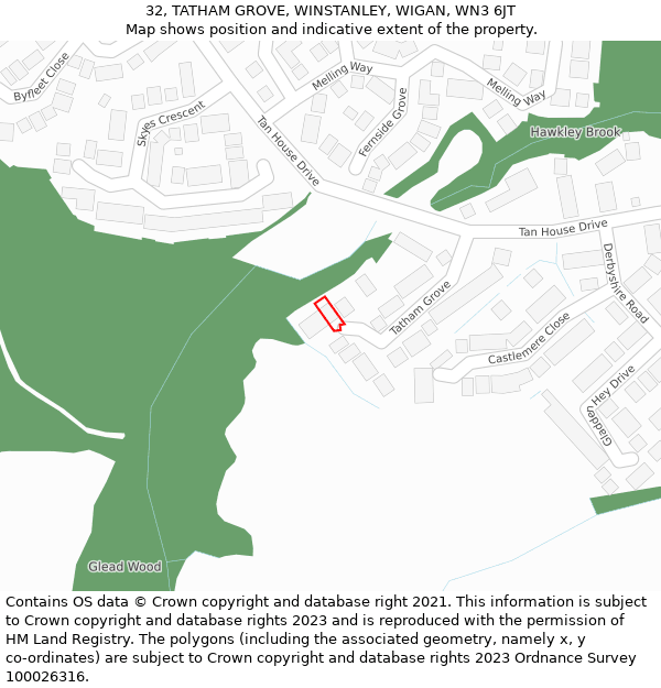 32, TATHAM GROVE, WINSTANLEY, WIGAN, WN3 6JT: Location map and indicative extent of plot