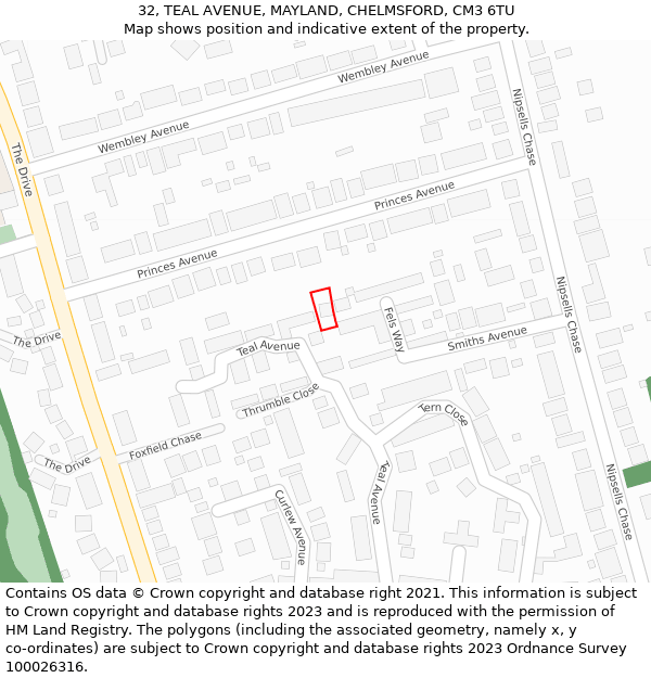 32, TEAL AVENUE, MAYLAND, CHELMSFORD, CM3 6TU: Location map and indicative extent of plot