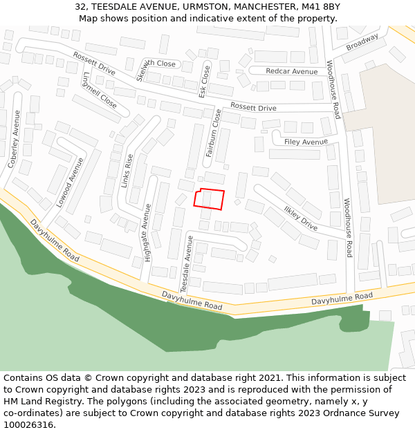 32, TEESDALE AVENUE, URMSTON, MANCHESTER, M41 8BY: Location map and indicative extent of plot