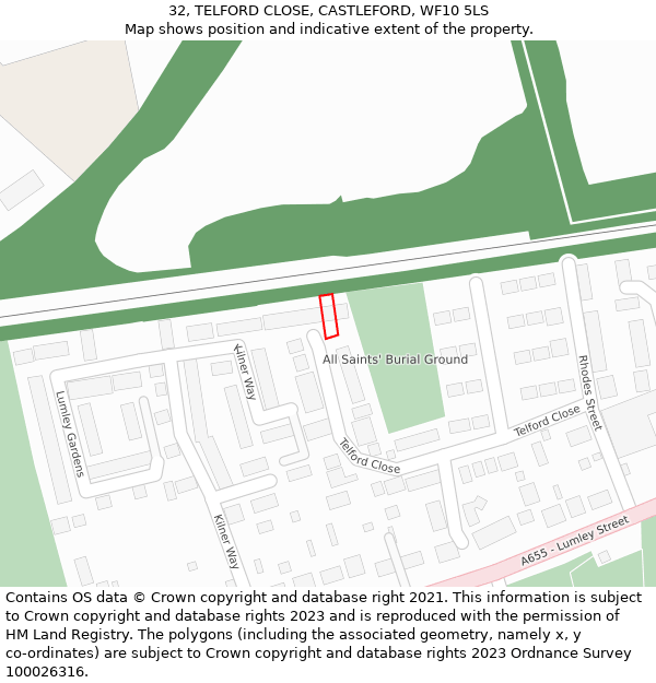 32, TELFORD CLOSE, CASTLEFORD, WF10 5LS: Location map and indicative extent of plot