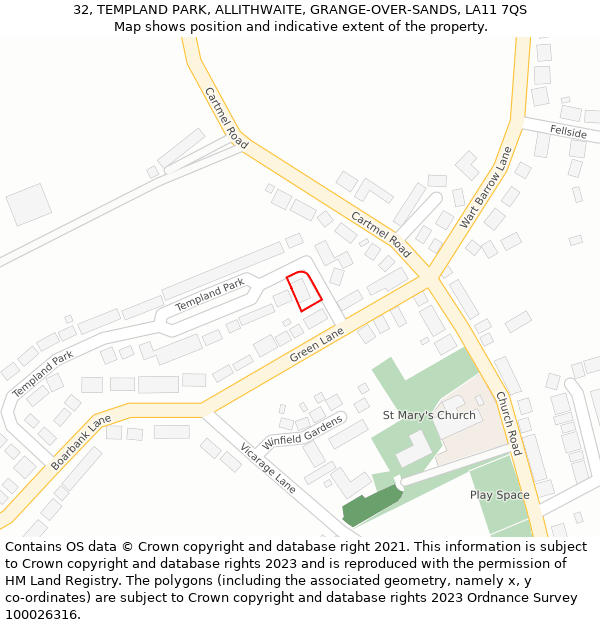 32, TEMPLAND PARK, ALLITHWAITE, GRANGE-OVER-SANDS, LA11 7QS: Location map and indicative extent of plot