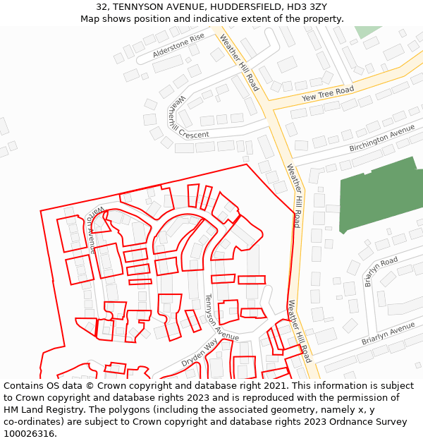 32, TENNYSON AVENUE, HUDDERSFIELD, HD3 3ZY: Location map and indicative extent of plot