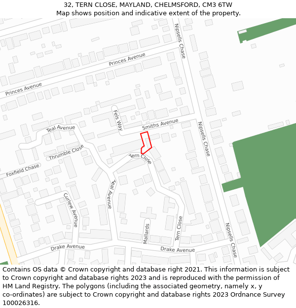 32, TERN CLOSE, MAYLAND, CHELMSFORD, CM3 6TW: Location map and indicative extent of plot