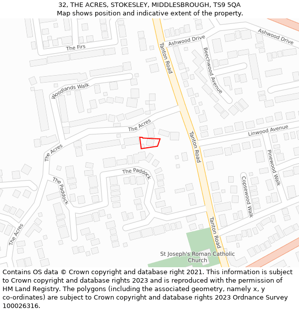 32, THE ACRES, STOKESLEY, MIDDLESBROUGH, TS9 5QA: Location map and indicative extent of plot