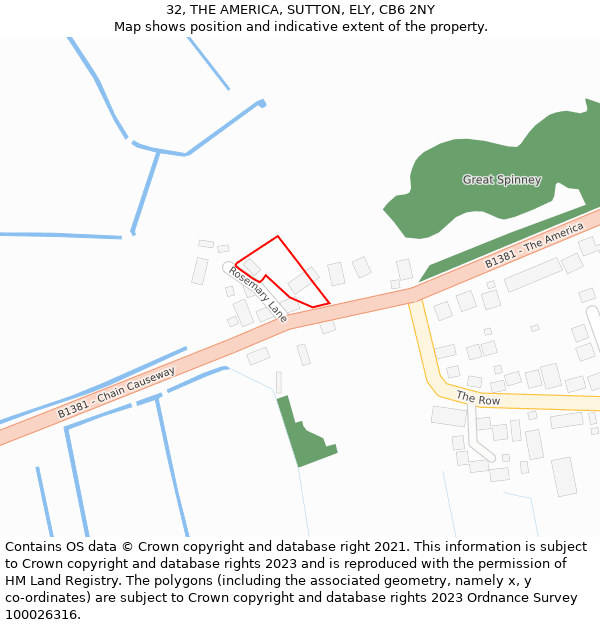 32, THE AMERICA, SUTTON, ELY, CB6 2NY: Location map and indicative extent of plot