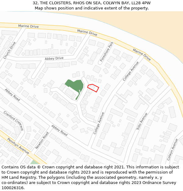 32, THE CLOISTERS, RHOS ON SEA, COLWYN BAY, LL28 4PW: Location map and indicative extent of plot