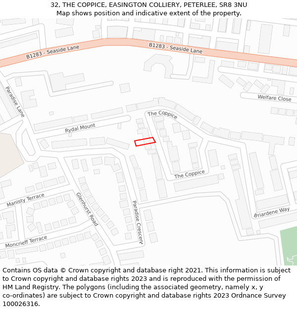 32, THE COPPICE, EASINGTON COLLIERY, PETERLEE, SR8 3NU: Location map and indicative extent of plot