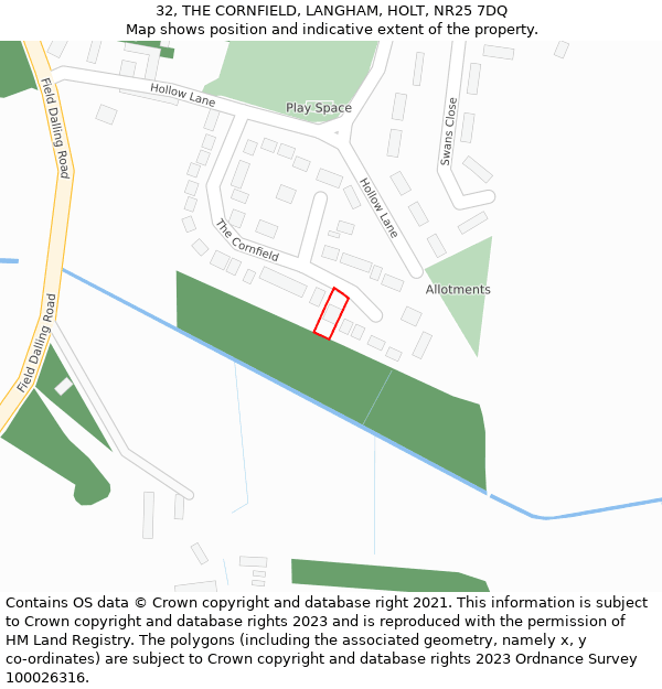 32, THE CORNFIELD, LANGHAM, HOLT, NR25 7DQ: Location map and indicative extent of plot