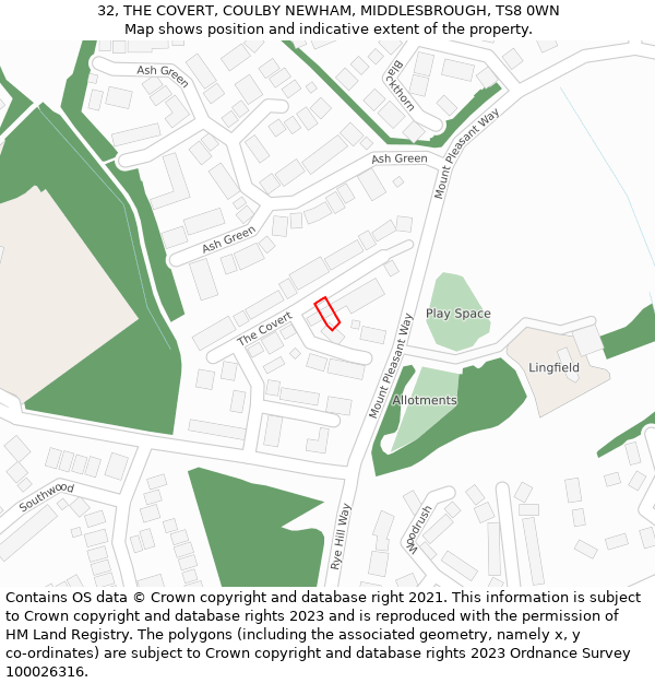32, THE COVERT, COULBY NEWHAM, MIDDLESBROUGH, TS8 0WN: Location map and indicative extent of plot
