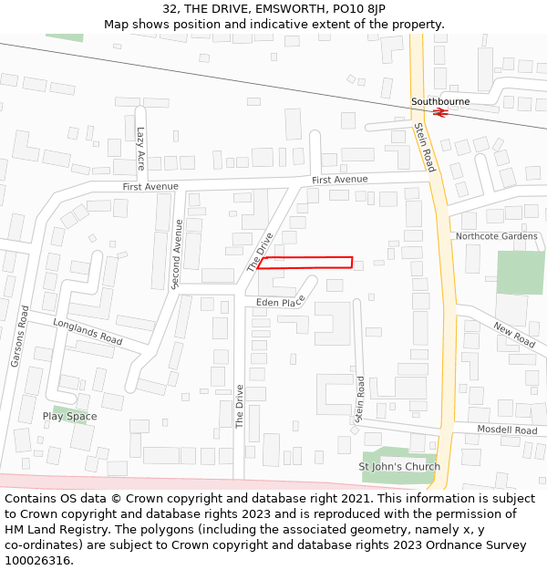 32, THE DRIVE, EMSWORTH, PO10 8JP: Location map and indicative extent of plot