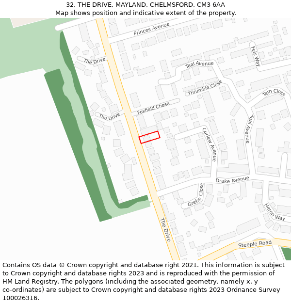 32, THE DRIVE, MAYLAND, CHELMSFORD, CM3 6AA: Location map and indicative extent of plot