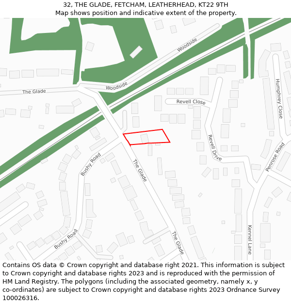 32, THE GLADE, FETCHAM, LEATHERHEAD, KT22 9TH: Location map and indicative extent of plot